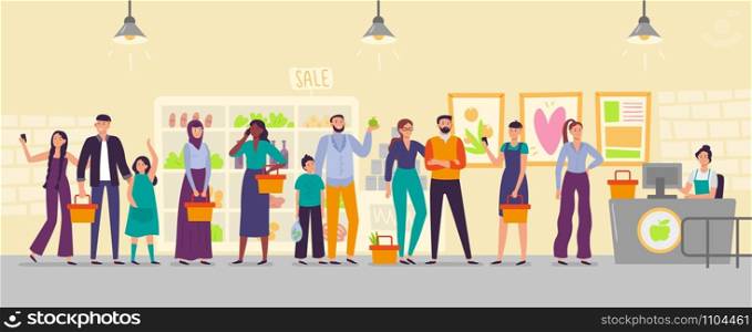 People waiting in store line. Long shop queue, customers in line for cash register and waiting for buy. Shopping characters, order awaiting buyer flat vector illustration. People waiting in store line. Long shop queue, customers in line for cash register and waiting for buy flat vector illustration