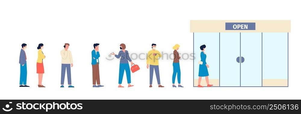 People waiting line. Long row customers want to enter in door. Queue woman, men in mask wait for entrance shopping, cafe or business center, recent vector character. Illustration of line row queue. People waiting line. Long row customers want to enter in door. Queue woman, men in mask wait for entrance shopping, cafe or business center, recent vector character