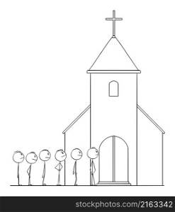People waiting to enter the church, concept of faith and Christianity, vector cartoon stick figure or character illustration.. People Waiting in Front of the Church, Christianity and Faith Concept, Vector Cartoon Stick Figure Illustration