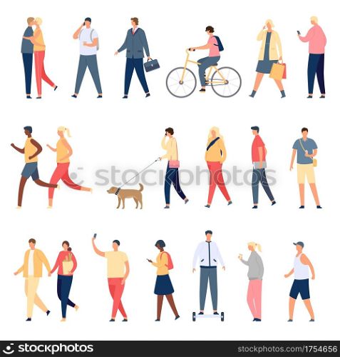 People walk. Flat characters walking with dog outdoor, riding bicycle and hoverboard and running. Men and women crowd on street vector set. Illustration character walking, person with dog outdoor. People walk. Flat characters walking with dog outdoor, riding bicycle and hoverboard and running. Men and women crowd on street vector set