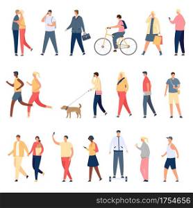 People walk. Flat characters walking with dog outdoor, riding bicycle and hoverboard and running. Men and women crowd on street vector set. Illustration character walking, person with dog outdoor. People walk. Flat characters walking with dog outdoor, riding bicycle and hoverboard and running. Men and women crowd on street vector set