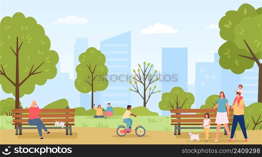 People walk in public park. Family going with children and dog pet eating ice cream. Kid riding bicycle, couple sitting on grass lawn and taking selfie photos. Woman talking on phone vector. People walk in public park. Family going with children and dog pet eating ice cream. Kid riding bicycle, couple sitting on grass