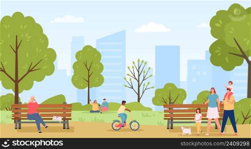 People walk in public park. Family going with children and dog pet eating ice cream. Kid riding bicycle, couple sitting on grass lawn and taking selfie photos. Woman talking on phone vector. People walk in public park. Family going with children and dog pet eating ice cream. Kid riding bicycle, couple sitting on grass