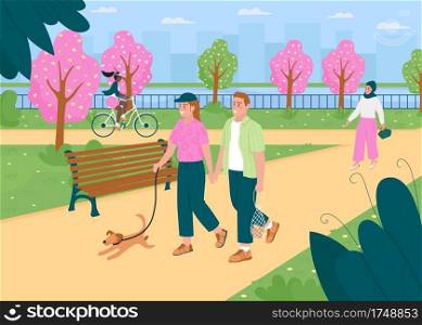 People walk in springtime park flat color vector illustration. Spring season in public city garden. Outdoors recreation. Healthy lifestyle. Happy 2D cartoon characters with cityscape on background. People walk in springtime park flat color vector illustration