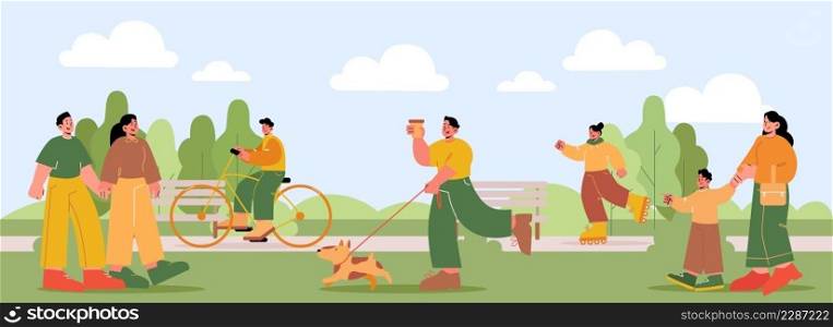 People walk in summer park, characters outdoor activities. Couple holding hands, mother with kid, teens rollerblading, riding bicycle, man walking with dog in city garden, Line art vector illustration. People walk in summer park, characters outdoor