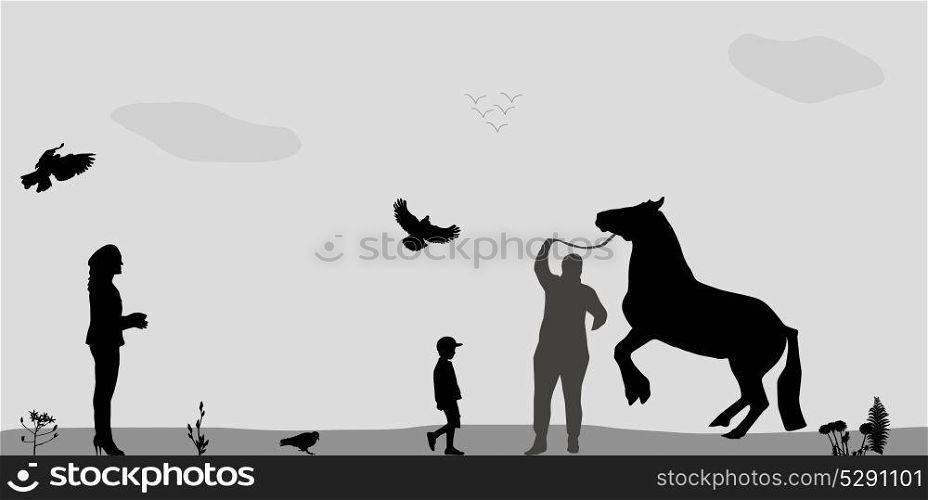 People Walk on, Connie, Birds Fly in Nature. Vector Illustration.. People Walk on, Connie, Birds Fly in Nature. Vector Illustration