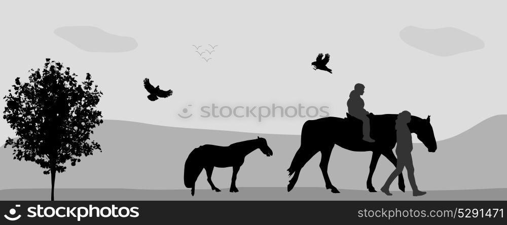 People Walk on, Connie, Birds Fly in Nature. Vector Illustration.. People Walk on, Connie, Birds Fly in Nature. Vector Illustration