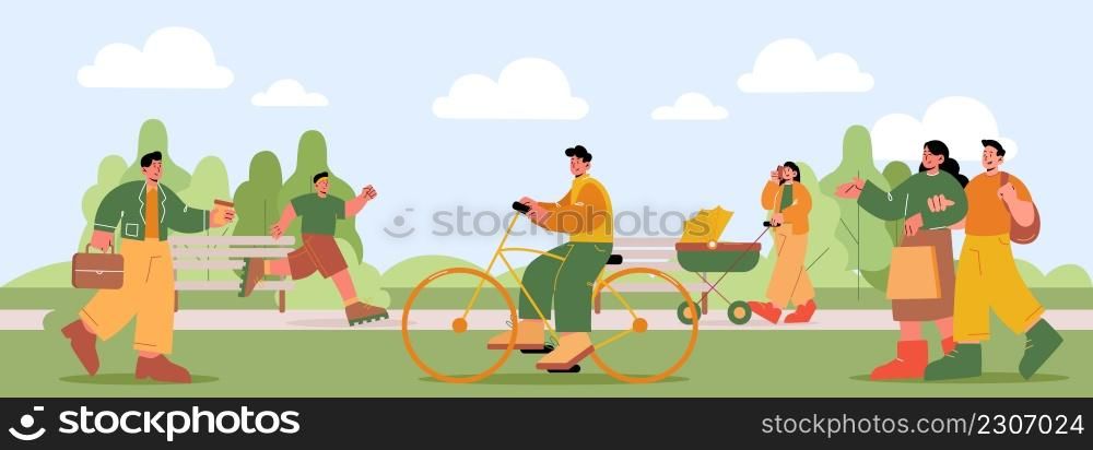 People walk with baby carriage, ride on bike and jogging in park. Vector flat illustration of summer landscape with man running, businessman in suit, couple with shop bag and man on bicycle. People walk, ride on bike and jogging in park