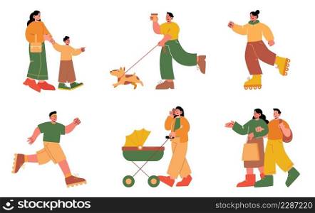 People walk with dog, baby carriage, kid, ride on roller skates, shopping and jogging. Vector flat illustration of weekend activities in park with set of happy characters isolated on white background. People walk with dog, baby carriage, kid, jogging