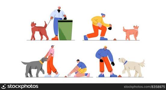 People walk with dogs, pick up poop in bag and throw in trash bin. Pet owners characters cleanup canine excrements while walk in park or city, vector flat illustration. People walk with dogs, pick up poop in bag