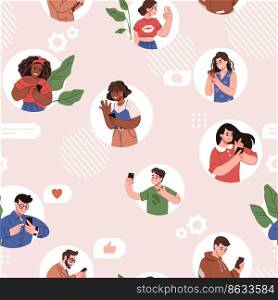 People walk with smartphones pattern. Digital smombie message. Crowd communication by internet. Young persons online chatting and making selfies. Mobile phone users. Vector cartoon seamless background. People walk with smartphones pattern. Digital smombie message. Crowd communication by internet. Persons online chatting and making selfies. Mobile phone users. Vector seamless background