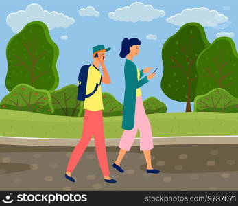 People walking and communicating with phones. Young woman surfs internet, man talking with friend outdoor. Concept of using Internet and modern digital gadgets. Couple spend time with smartphones. People walking and communicating with phones. Young woman surfs internet, man talking with friend