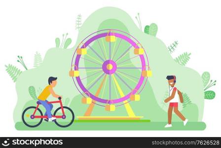 People walking and riding bicycle in amusement park vector, character on bike and person jogging. Spring summertime relaxation and leisure flat style. Green park with attraction. Ferris Wheel Amusement Park and Bicyclist Man