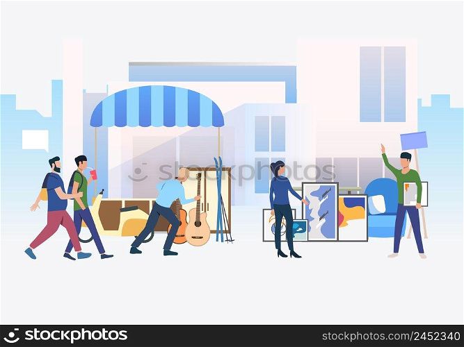 People walking and shopping outdoors. Buying, street, retail, marketplace concept. Vector illustration can be used for topics like business, shopping, flea market. People walking and shopping outdoors