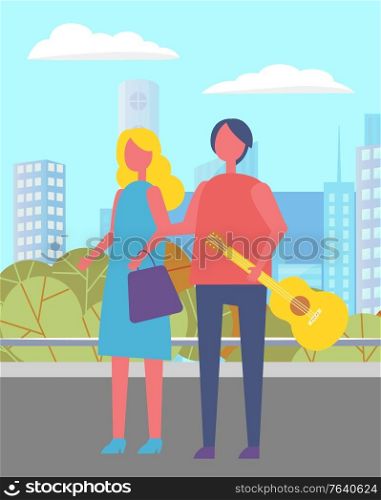 People walking and strolling in urban park in summer. Couple with guitar stand together on road. Blonde woman with handbag. Beautiful cityscape of city on background. Vector illustration flat style. People Walking in City Park with Guitar in Summer