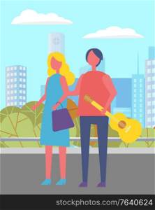 People walking and strolling in urban park in summer. Couple with guitar stand together on road. Blonde woman with handbag. Beautiful cityscape of city on background. Vector illustration flat style. People Walking in City Park with Guitar in Summer