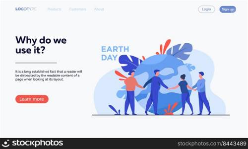 People walking around globe and holding each other by hands flat vector illustration. Tiny people saving world ecology. Big planet at background. Earth day environment saving and nature care concept