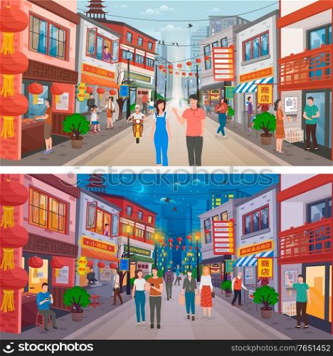 People walking at streets in chinese city. Roads, buildings with traditional lanterns and ornaments of festival. Chinese New Year celebration, asia cityscape, oriental skyline at day and night, vector. Set of Chinese City Streets, Tourists in China