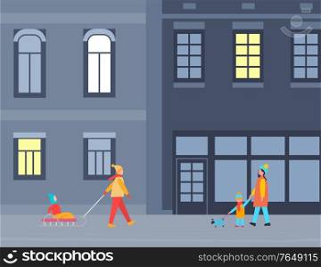 People walking at streets in urban area. Woman with child sitting on sledges. Mom and kid walking dog in evening. Winter cityscape with residents. House with lit windows at night. Vector in flat. People Walking at Streets of Winter City at Night