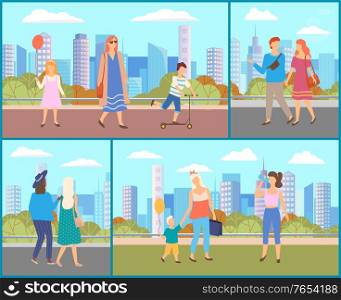 People walking at streets vector, characters strolling at roads. Man and children, mom and kid holding balloons, celebration and festive mood in city illustration in flat style design for web, print. People at City, Cityscape with Citizens Vector