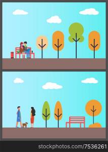 People walking dog, couple working in autumn park vector. Pet on leash man and woman strolling, trees and empty bench. Freelancers sitting with laptop. People Walking Dog, Couple Working in Autumn Park