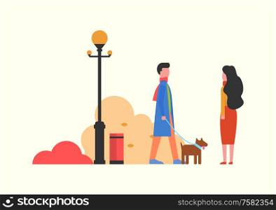 People walking dog in autumn park with bushes vector. Lantern and vegetation of fall season. Man and woman couple with domestic pet on leash strolling. People Walking Dog in Autumn Park with Bushes