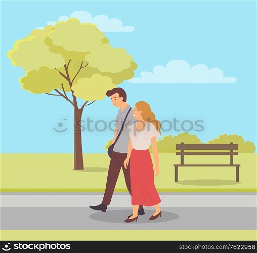 People walking holding hands vector, man and woman strolling along spring park with trees and meadows, wooden bench and road. Springtime leisure flat style. Couple Outdoors, Spring Season Walk of People