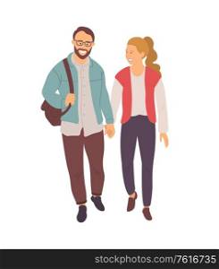 People walking holding hands vector, man and woman wearing stylish clothes, urban style, bearded man with handbag talking male and female, couple. Couple Man and Woman Walking and Talking Vector