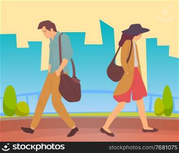 People walking in a city park. Sad tired young guy and thoughtful girl going in summer alley. Man and woman quarreled and offended. Walk after work in the open air, active lifestyle flat style. People walking in a city park. Sad tired young guy and thoughtful girl going in summer garden