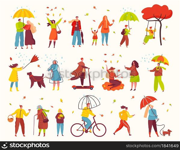 People walking in autumn park, fall season outdoor activities. Characters under umbrellas in rain, woman throwing leaves, man cycling vector set. Person in coat riding scooter, walking pet. People walking in autumn park, fall season outdoor activities. Characters under umbrellas in rain, woman throwing leaves, man cycling vector set