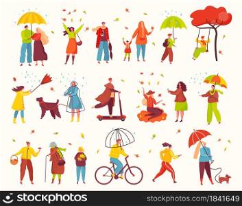 People walking in autumn park, fall season outdoor activities. Characters under umbrellas in rain, woman throwing leaves, man cycling vector set. Person in coat riding scooter, walking pet. People walking in autumn park, fall season outdoor activities. Characters under umbrellas in rain, woman throwing leaves, man cycling vector set