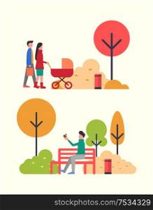 People walking in autumn park, family with newborn baby in pram vector. Father and mother pulling perambulator, man playing with bird sitting on hand. People Walking in Autumn Park, Family with Pram