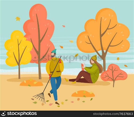 People walking in autumn park. Man sweeping foliage on outdoor territory using broom. Woman sitting on ground and reading book. Orange leaves falling from trees, fall weather, vector illustration. Man Sweep Foliage, Girl Read Book in Autumn Park