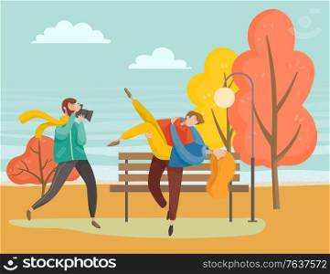 People walking in autumn park together, good weather. Photographer taking photographies of young couple on date. Man holding woman on hands for photo shoot on lawn, vector illustration in flat style. People Walking in Autumn Park, Couple Photo Shoot