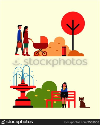People walking in autumn park with perambulator vector. Woman freelancer busy work sitting on bench by fountain with pet dog. Fall season relaxation. People Walking in Autumn Park with Perambulator
