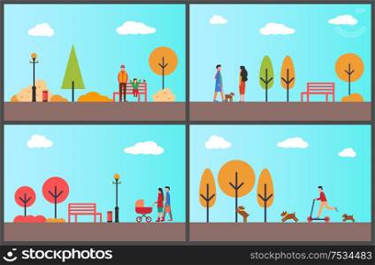 People walking in autumnal park, fall season set vector. Father and daughter, parents with pram and newborn child. Male riding scooter on lush nature. People Walking in Autumnal Park, Fall Season Set