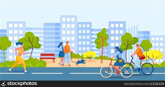 People walking in city park. Characters riding bicycles on cycle lanes. Woman running or jogging in sport clothing. Couple walking with dog pet. Cityscape with tall buildings near green area vector. People walking in city park. Characters riding bicycles on cycle lanes. Woman running or jogging in sport clothing