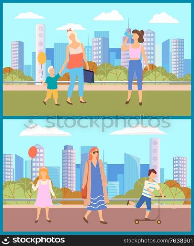 People walking in city park in summer. Girl and boy with colorful balloons and mothers near them. Kid riding scooter and woman drinking water. Warm weather in town. Vector illustration in flat style. People Walking in Park, Cityscape on Background