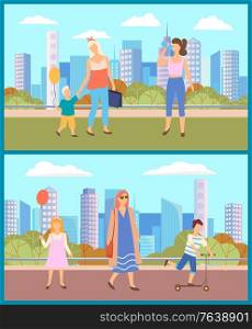 People walking in city park in summer. Girl and boy with colorful balloons and mothers near them. Kid riding scooter and woman drinking water. Warm weather in town. Vector illustration in flat style. People Walking in Park, Cityscape on Background