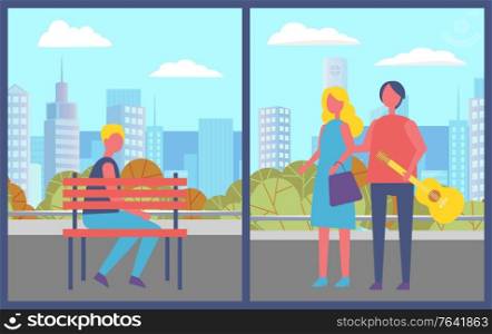 People walking in city park in summer. Person relaxing on wooden bench. Couple with guitar stand together. Blonde woman with handbag. Beautiful cityscape on background. Vector illustration flat style. People Walking and Relaxing in City Park in Summer