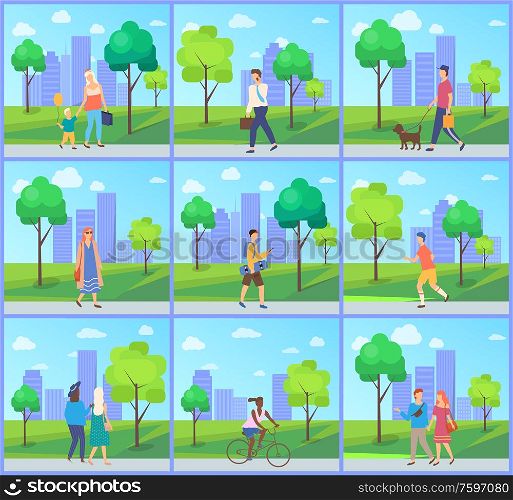 People walking in city park, man and woman going outdoor, family leisure and sporty activity, male and female character near trees and building, set vector. Man and Woman in Park, Leisure in City Vector