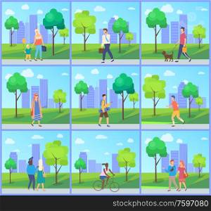 People walking in city park, man and woman going outdoor, family leisure and sporty activity, male and female character near trees and building, set vector. Man and Woman in Park, Leisure in City Vector