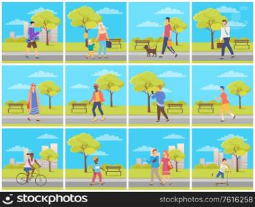 People walking in city park, man and woman going outdoor, family leisure and sporty activity, male and female character walk near trees and building, summer park set vector. Man and Woman in Park, Leisure in City Vector