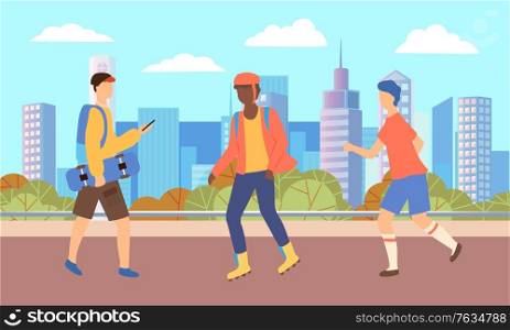 People walking in city park. Man running through lawn. Guy in helmet and with roller skates on legs. Person with skateboard in hands. Beautiful landscape on background. Vector illustration flat style. Men in City Park with Roller Skates and Skateboard