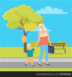 People walking in city park, mother and child at summertime, bench and tree, blue sky. Vector boy with air balloon and woman with briefcase, motherhood. People Walking in Park, Mother and Child at Summer