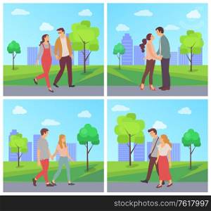 People walking in city park vector, town with skyscrapers and trees greenery, man and woman holding hands strolling enjoying company of each other, weekend in park, love dating. Man and Woman on Date, City Park in Spring Set