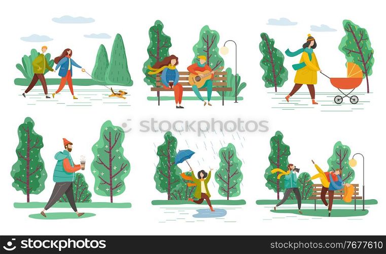 People walking in park different weather raining and sunny. Man and woman going with dog, playing guitar on bench. Leisure of mother with carriage, people dance near trees set isolated on white vector. Man and Woman with Kid Walking in Park Vector