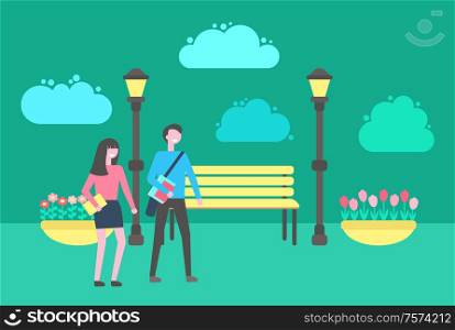 People walking in park vector, benches and lanterns, flower bed with plants, outdoors activities. Street with place to sit, couple man and woman strolling. People Walking in Park, Benches Lanterns Outdoors