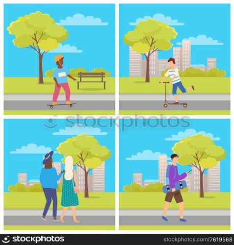People walking in park vector, characters with skateboards leading active lifestyle, city life urban cityscape and nature of spring town paths and roads. Skateboarding Youth and People Walking in Park