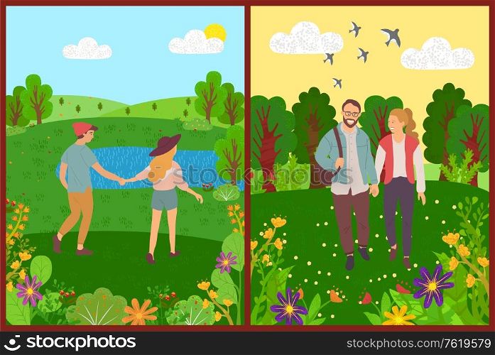 People walking in park vector, couple on date holding hands, forest with trees and flying swallows, man and woman in love, lake and sunshine weather. Summer Walks and Strolling People, Couples in Park